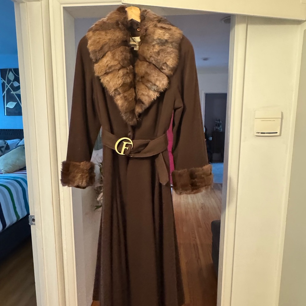 Brown Fur Trimmed Coat with Belt